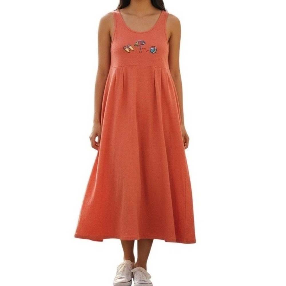 Vintage 80s Zip Code Cotton Maxi Dress L Coral Beach Novelty Graphic USA